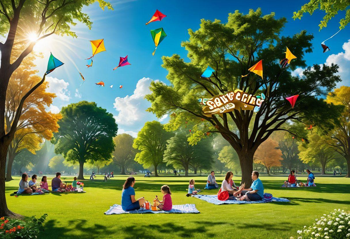 A serene park scene featuring happy families picnicking together, children playing with colorful kites, and parents chatting in a lush green setting. Above them, a shining sun and playful clouds enhance the joyful atmosphere. Include elements of support like a community bulletin board and trees with hanging artwork from kids. vibrant colors. super-realistic.
