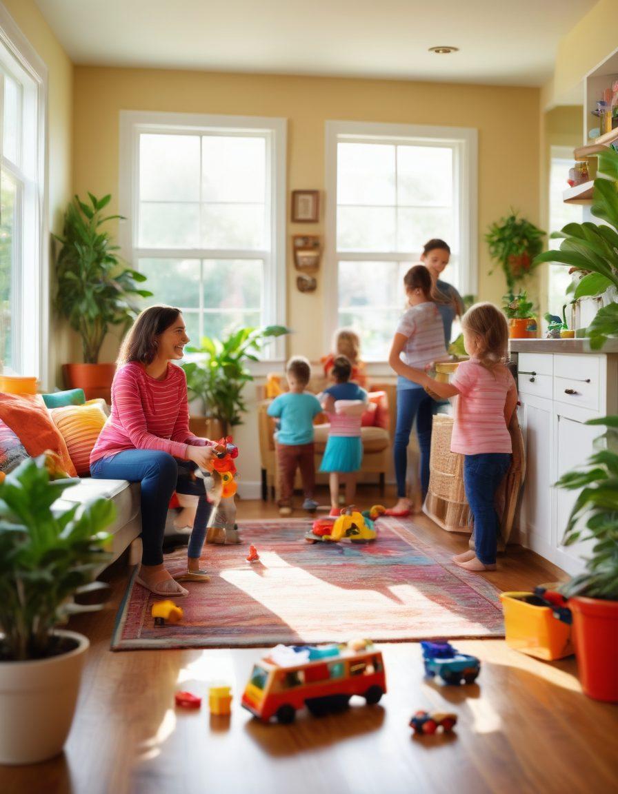 A cozy, sunlit family living room featuring joyful children playing with colorful toys, surrounded by vibrant decor and houseplants. In the background, a warm, inviting kitchen with family members preparing a meal together, radiating happiness and connection. Emphasize bright colors and a sense of warmth and togetherness. super-realistic. vibrant colors. soft focus.