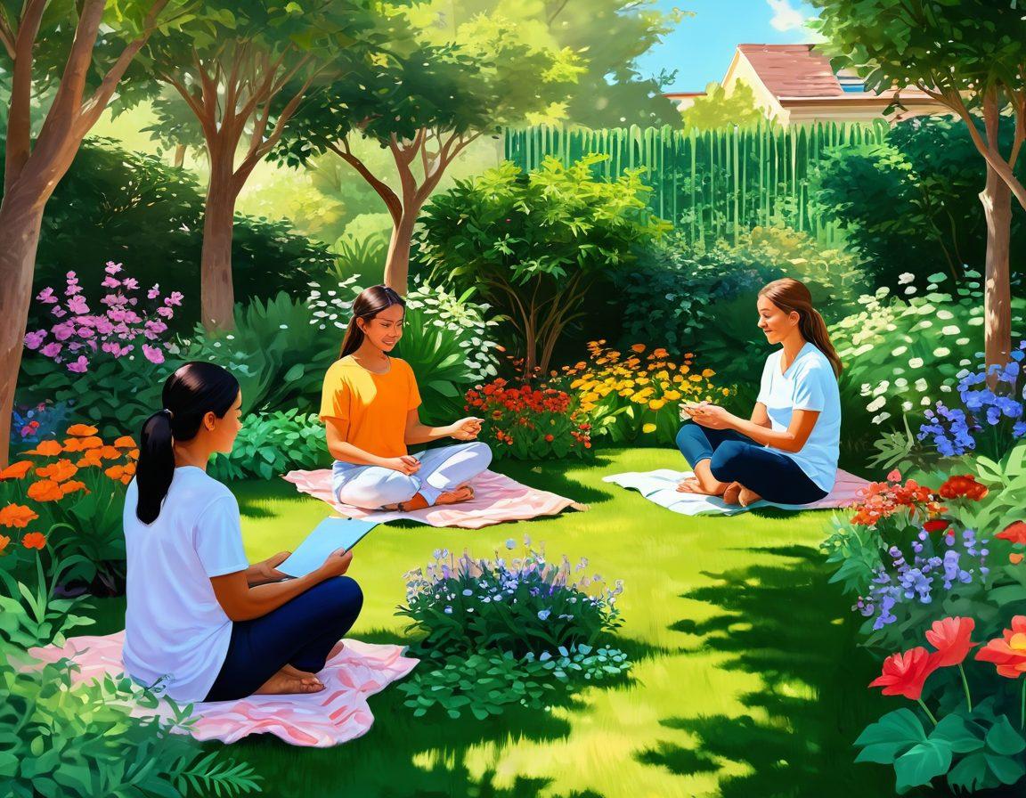 A serene landscape featuring diverse people engaging in supportive activities, like sharing stories and practicing mindfulness in a sunlit garden. Incorporate elements of nature such as blooming flowers and lush greenery to symbolize growth and harmony. Vivid expressions of happiness and connection should radiate from the group. warm and soft color palette. digital painting. cozy and inviting atmosphere.
